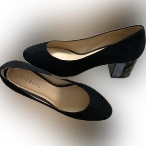 NWOT Talbots Black Suede Leather Pumps Round Toe Block Tortoise Shell Heel 8.5
